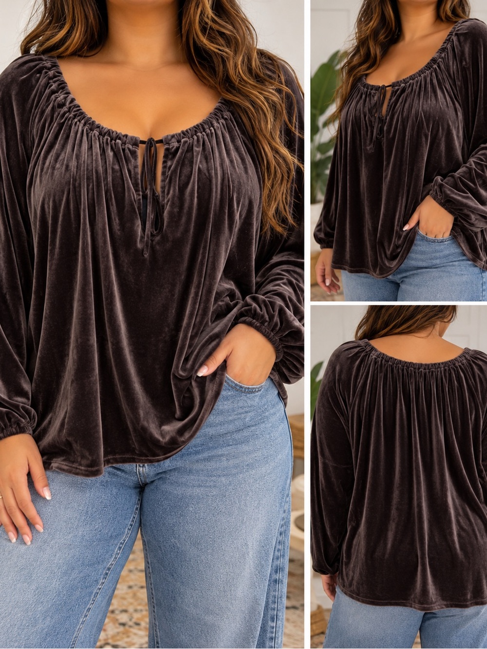 NWT Jordache Plus Size 4X Brown Velvet Peasant Blouse